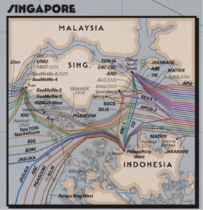 Telegeography 2024 Submarine Cable Map depicting submarine cables landing in Singapore