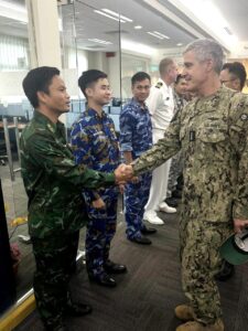 United States Navy Commander Pacific Fleet interacting with International Liaison Officers during a visit to the Information Fusion Centre in May 2024. Image source: Information Fusion Centre. United States Navy Commander Pacific Fleet interacting with International Liaison Officers during a visit to the Information Fusion Centre in May 2024. Image source: Information Fusion Centre.