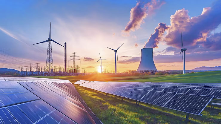 power plant with solar panels wind turbines background 752325 120984